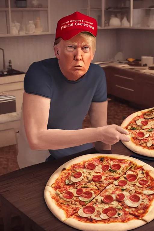 Image similar to trump making a pizza, long shot, cinematography by wes anderson, 4 k octane render, intricate detail, photorealistic, cinematic lighting, artstation