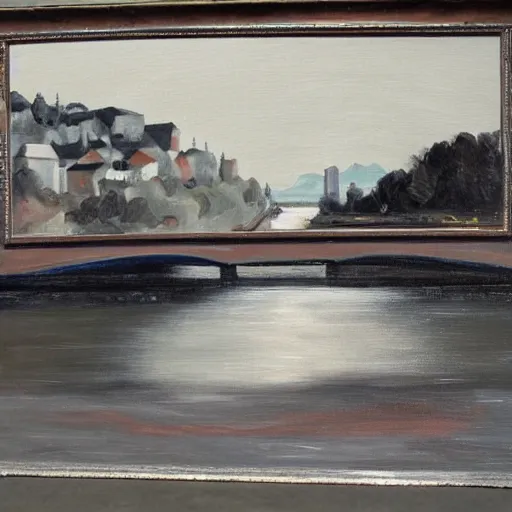 Image similar to very abstract painting of the rhine in basel, very rough brush strokes, oil on canvas, muted greyscale colors, great composition