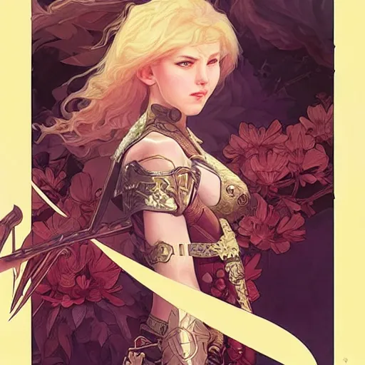 Image similar to breathtaking epic fantasy portrait of a female fighter in epic fantasy arena,, sunny weather, intricate, matte, sharp focus, illustration, art by Artgerm and Hsiao-Ron Cheng and Alphonse Mucha,, RPG portrait