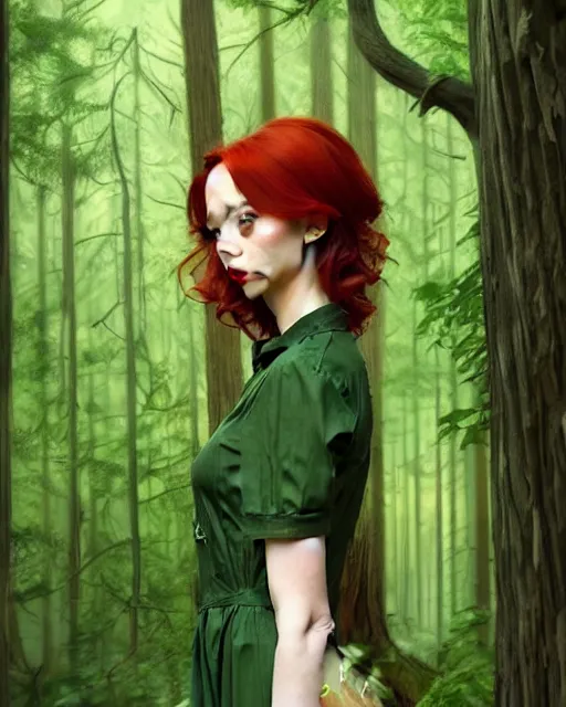 Prompt: gorgeous Kacey Rohl, realistic character concept, red hair, symmetrical face, symmetrical eyes, green dress, forest, trees, shorter neck, cinematic lighting, artgerm, Norman Rockwell, Joshua Middleton, Adreas Rocha, beautiful