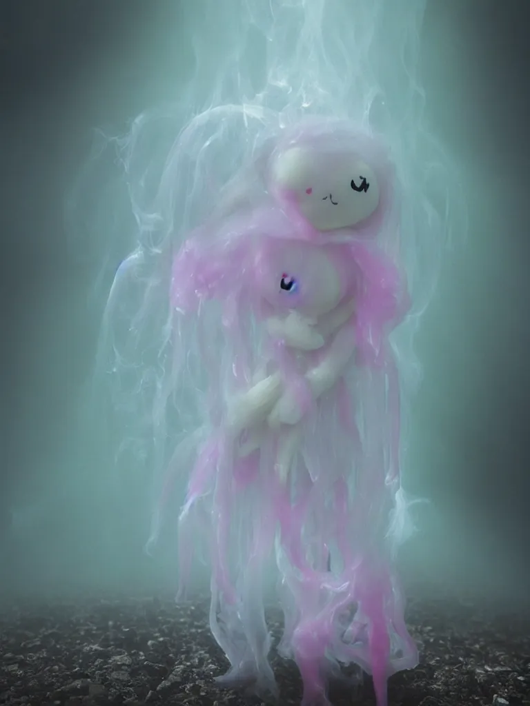 Image similar to cute fumo plush smiling ectoplasmic gothic jellyfish ghost girl waving in deep fog over mysterious waters, anime, reflective river bank in the midst of a forgotten forest, glowing pink wisps of hazy green smoke and eerie blue volumetric fog swirling about, moonlight, glowing lens flare, black and white, refraction, vray