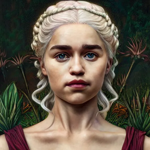 Image similar to daenerys targaryen, exterior botanical garden, portrait face, colorful, frantisek kupka, intricate, miles johnston, kuroda seiki, cynical realism, ozabu, john william godward, painterly, yoshitaka amano, moebius, miles johnston, louise zhang, james jean, mark ryden lowbrow pop surrealism art style