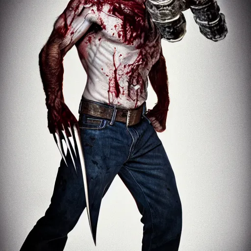 Image similar to wolverine, zombie, butcher, full body shot by yousuf karsh, golden hour, realistic, body shot, sharp focus, 8 k high definition, insanely detailed, intricate, elegant