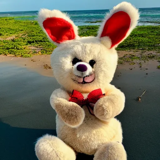 Image similar to an adorable fierce furry chubby monster with long floppy rabbit ears teddy bear body and wolf legs, Smiling at the camera with a mischievous grin, happy lighting, at a tropical beach