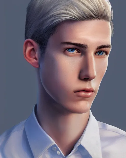 Image similar to portrait of 1 5 - year - old boy, a tall, slender boy with a pale, pointed face, sleek blond hair, and ice grey eyes, wearing in shirt, hyper realistic face, beautiful eyes, character art, art by mark brooks, hyperdetailed, cryengine, trending on artstation, digital art