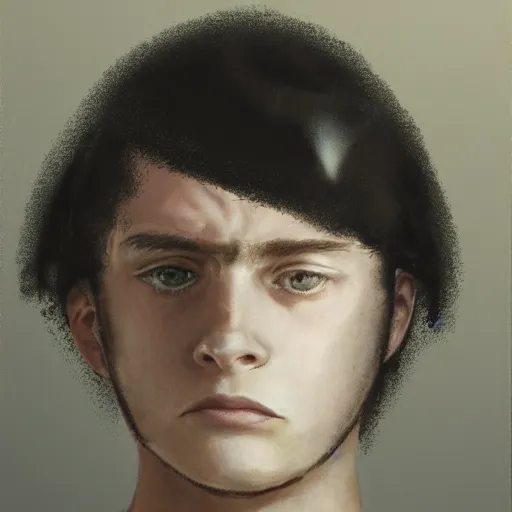 Prompt: portrait of depressed teen, helmet hair, ugly, male