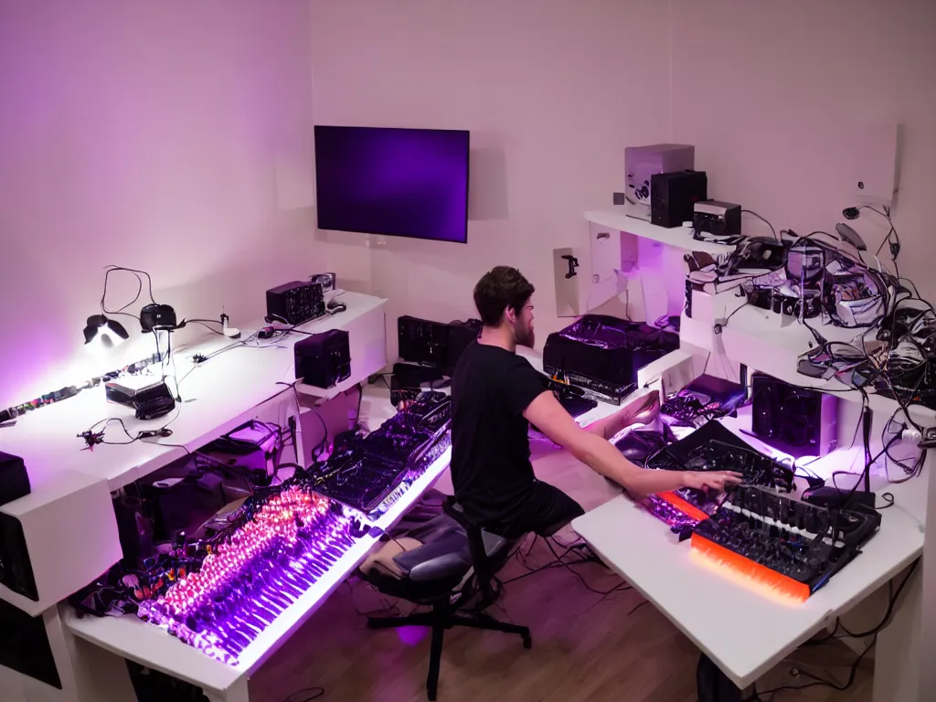 Prompt: 8 feet guy with a black short and a black shirt playing synths in a white dorm room, many synths on the table, light is coming from colorful purple and orange gradient led panels