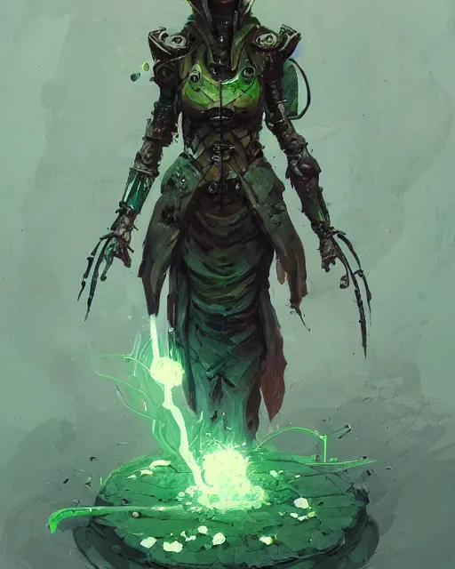 Image similar to character design, cyborg spellcaster, green robes, pen and ink, oil painting, colorful, style by ian mcque, craig mullins, emil melmoth, + in style of charlie bowater, peter mohrbacher, marc simonetti, trending on artstation cgsociety, cinematic 8 k