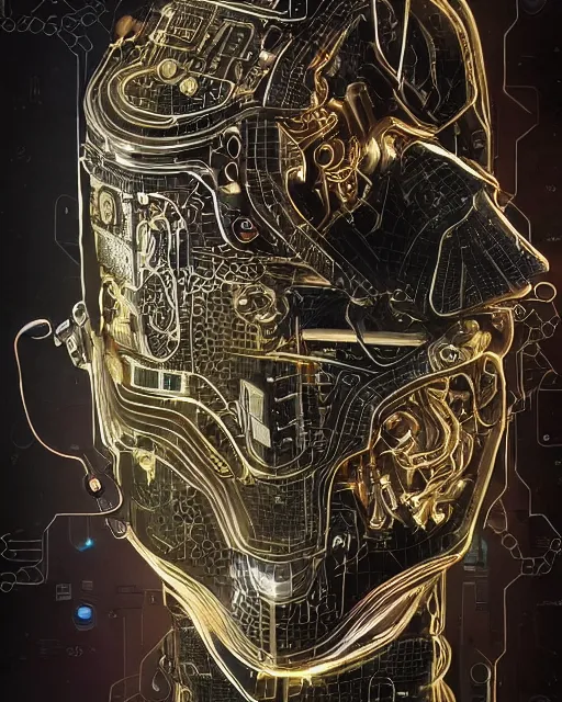 Image similar to a portrait of a human with half skin half cybernetic circuit boards, scifi, smooth, intricate sci fi panels made of metal, metal covered in chipped paint, military symbols on metal, elegant, highly detailed panel cuts, greeble detail, beveled edges, chamfer, caustics and refraction, neon glowing eyes, digital painting, artstation, concept art, high tech fantasy, sharp focus, illustration, art by marco plouffe arstation and guerilla games