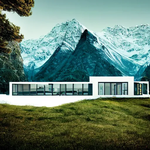 Image similar to wes anderson style modern futuristic house near the lake, snowy mountains and green forest, cinematic, realism, photo, detailed