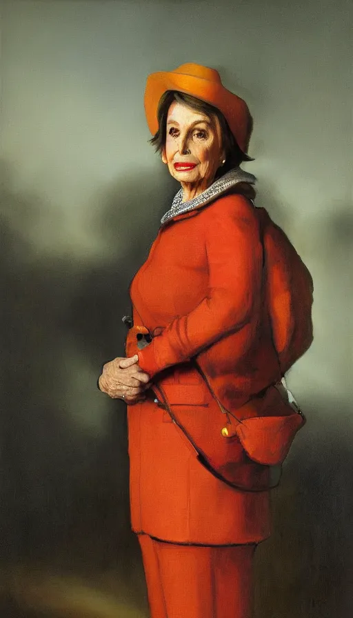 Prompt: nancy pelosi, dressed like a crossing guard, back lit, oil painting by rembrandt