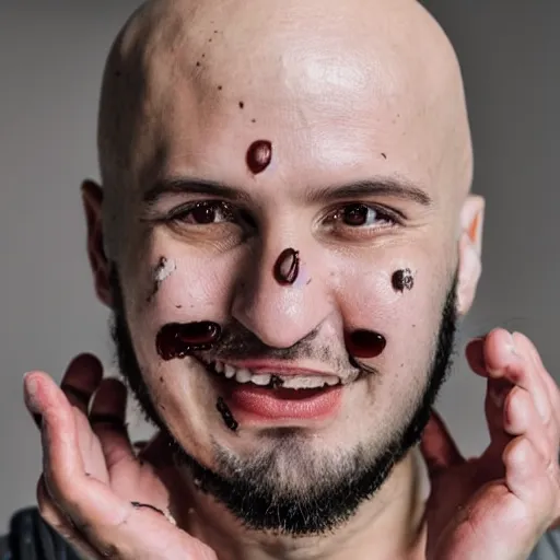 Image similar to close up photo of a fully clothed bald crimean man with yoghurt dripping from his face