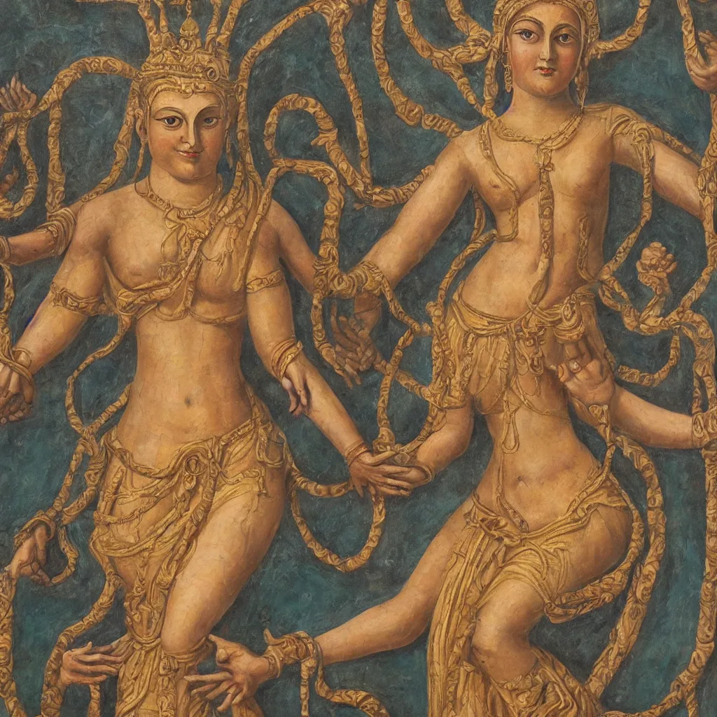 Image similar to young woman deity with multiple arms, highly detailed, oil painting