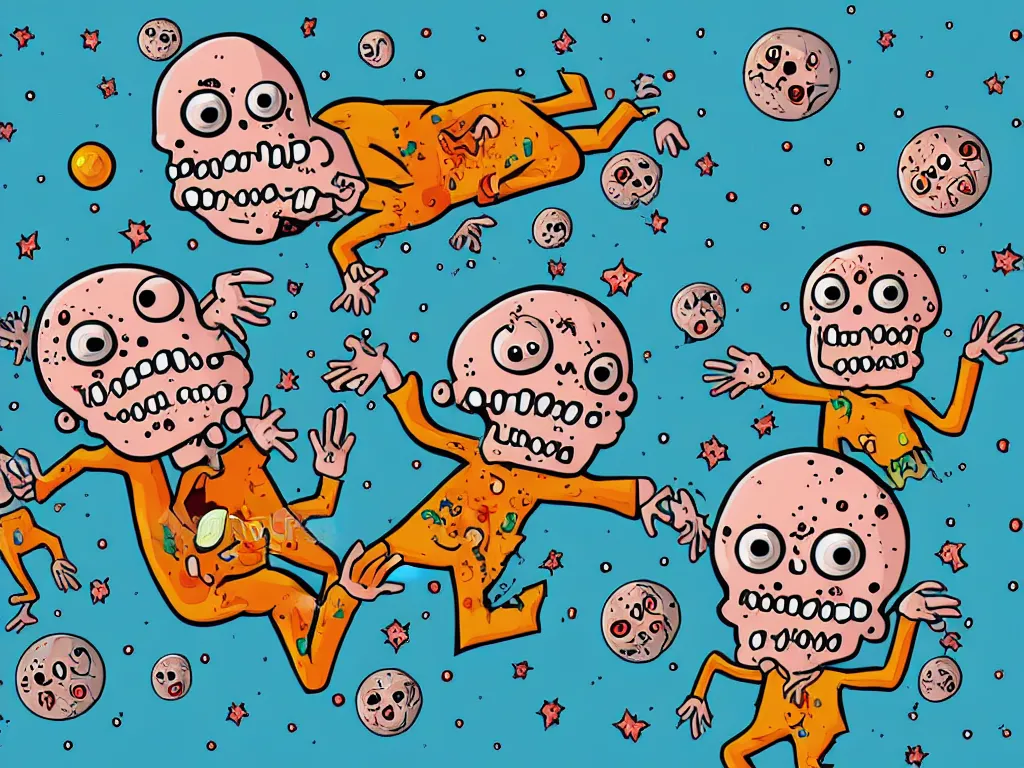 Image similar to happy zombies eating each other, floating in space, cartoon illustration, detailed