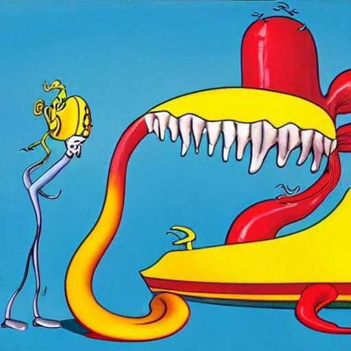 Image similar to A giant squid holding a yellow submarine, artist is Dr Seuss, vivid colors, kinetic, action shot,