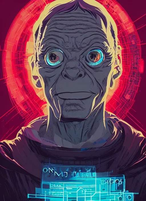 Image similar to portrait of gollum as hacker, netrunner cyberpunk, artstation, art by petros afshar, tom whalen, laurie greasley and greg rutkowski and ilya kuvshinov