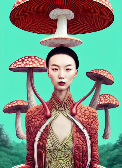 Image similar to pretty chinese model with futuristic mushroom : : by martine johanna and simon stalenhag and chie yoshii and casey weldon and wlop : : ornate, dynamic, particulate, rich colors, intricate, elegant, highly detailed, vogue, harper's bazaar art, fashion magazine, smooth, sharp focus, 8 k, octane render,