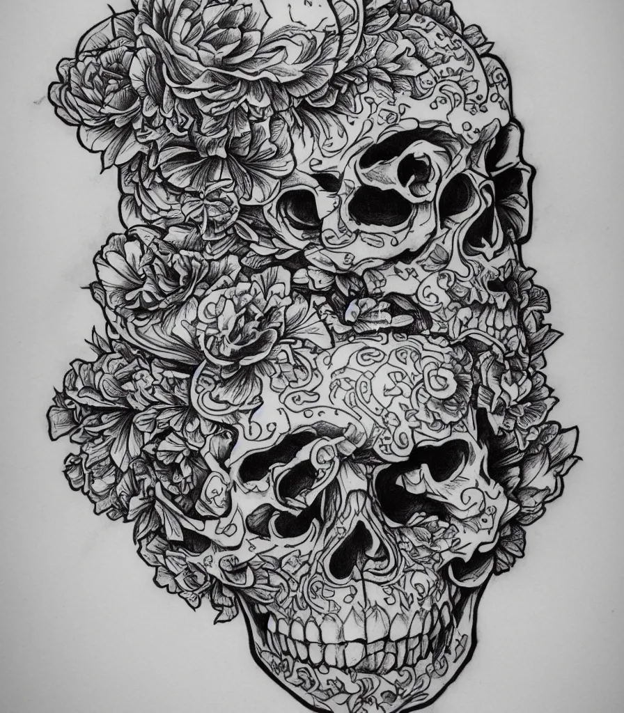 Prompt: highly detailed skull, Japanese ornament, tattoo ink sketch, isolated on white background