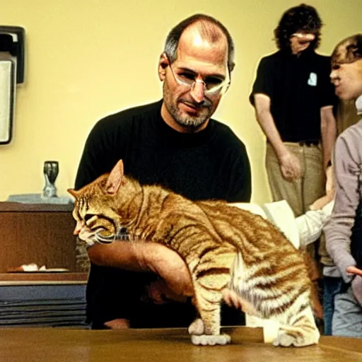 Prompt: steve jobs petting garfield the cat.