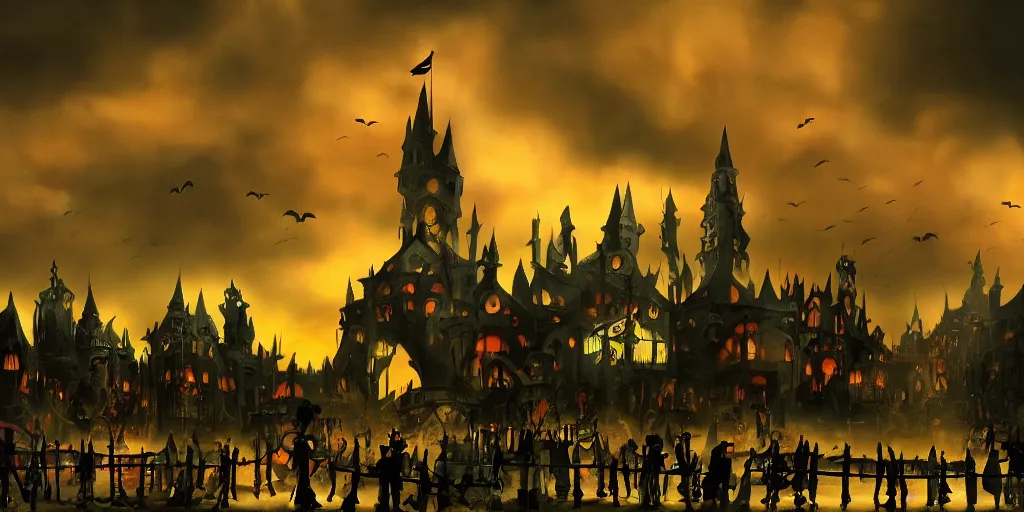 Prompt: a matte painting of a silhouette of an evil haunted carnival with a dark dramatic sky by pixar and tim burton