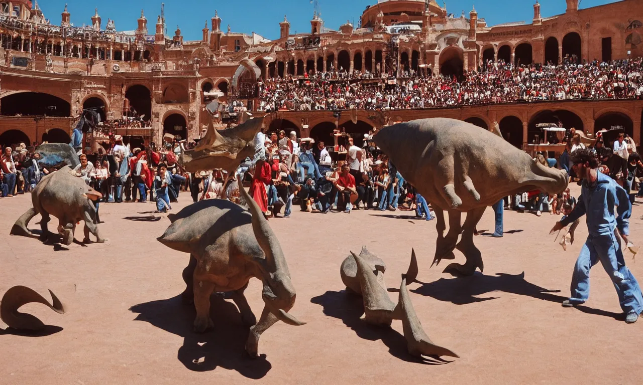 Prompt: a troubadour and a triceratops facing off in the plaza de toros, madrid. extreme long shot, midday sun, kodachrome