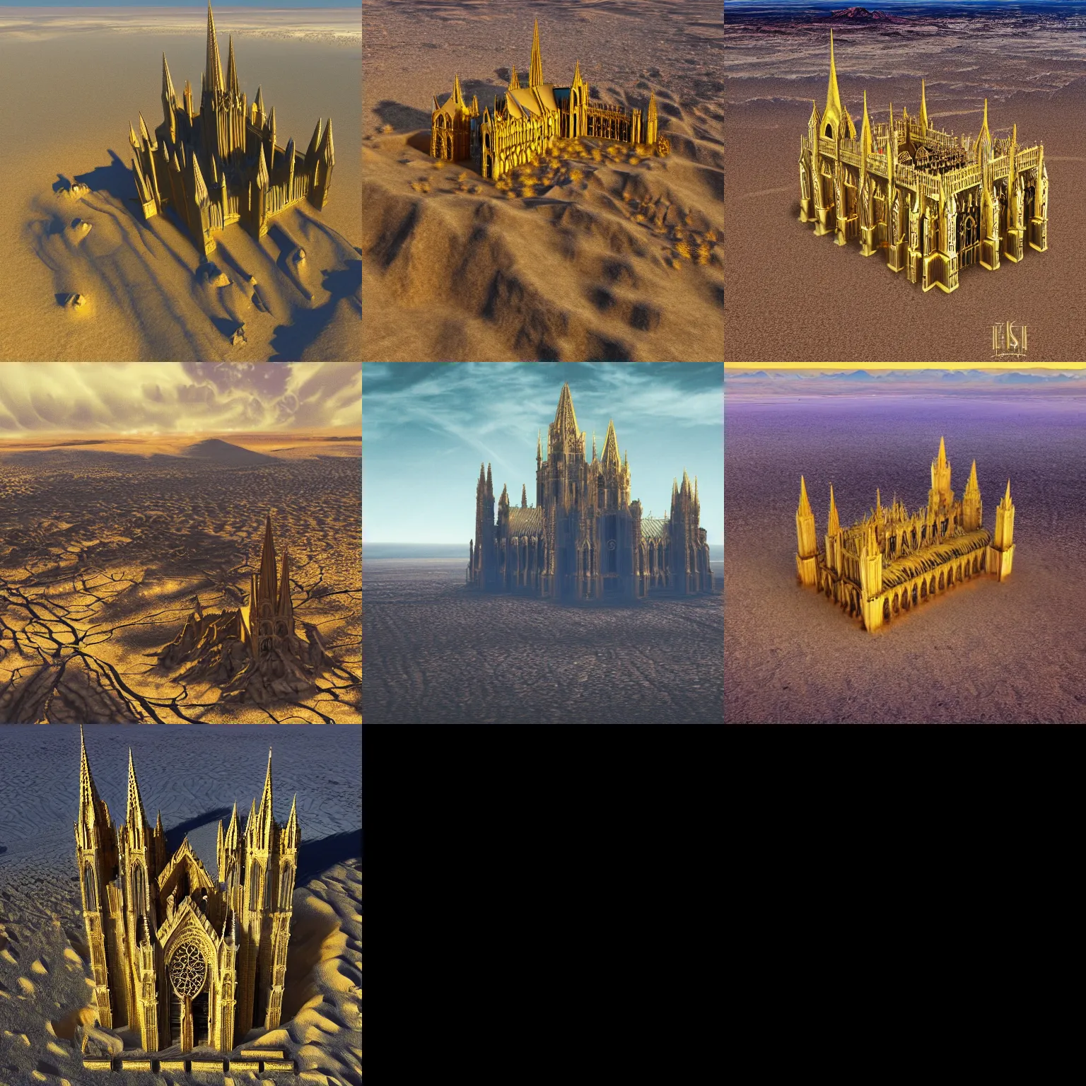 Prompt: gothic cathedral made of gold in a desert plateau ,view from above,8k,fantasy art,