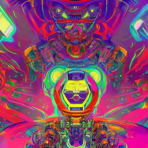 Image similar to An extremely psychedelic experience, colorful, surreal, mecha, robot portrait,LSD, face, jet turbine, tarot, detailed, intricate, elegant, highly detailed, super detailed, insane detailed, digital painting, concept art, smooth, sharp focus, unreal engine, illustration, art by josan gonzales, Krenz Cushar, Marco Plouffe, dan mumford, Artem Demura and alphonse mucha