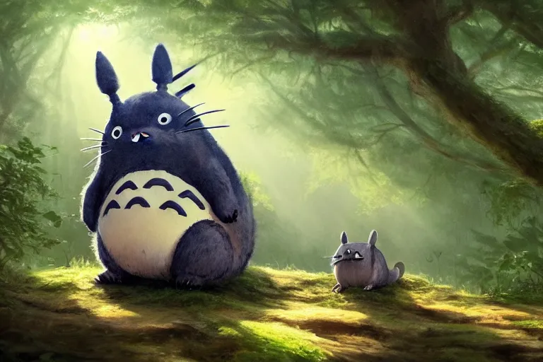 Prompt: photorealistic Totoro sitting in a forest, fantasy, illustrated by Greg Rutkowski and Caspar David Friedrich, high detail, god rays, Trending on artstation, artstationHD, artstationHQ