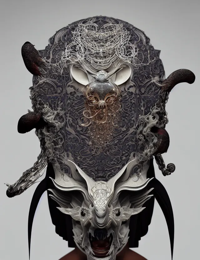 Image similar to 3 d goddess close - up profile portrait of cultist monk in hooded robe with ram skull. beautiful intricately detailed japanese crow kitsune mask and clasical japanese kimono. betta fish, jellyfish phoenix, bio luminescent, plasma, ice, water, wind, creature, artwork by tooth wu and wlop and beeple and greg rutkowski