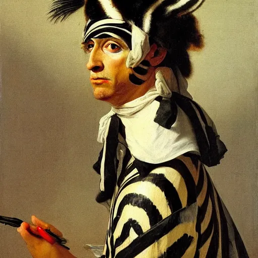 Prompt: a professional portrait painting of a anthropomorphic zebra with a zebra head, wearing decorated royal clothes, serious look, oil painting, painted by Jacques-Louis David, detailed