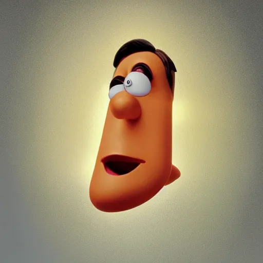 Image similar to photo of [ a single french fry chip ] shaped into stephen fry as a pixar character hybrid intercross mix cinematic lighting