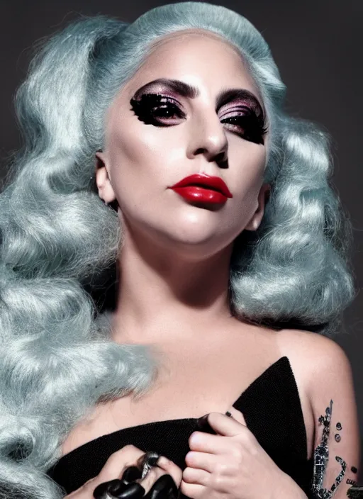 Image similar to lady gaga in a 1 9 6 0 s themed photoshoot, nick knight, dark, posing, style, vogue magazine, highly realistic. high resolution. highly detailed. dramatic. 8 k. 4 k.