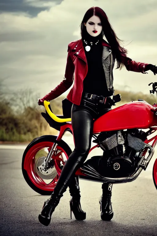 Prompt: full - length photo, young woman, riding a motorcycle, gothic clothes, red high heels, leather jacket, 4 k, colourful