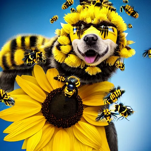 Image similar to bumblebee dog with bumblebee coat wearing a sunflower covered in bumblebees as a hat, photo realistic, studio lighting, realistic shadows, 4 k