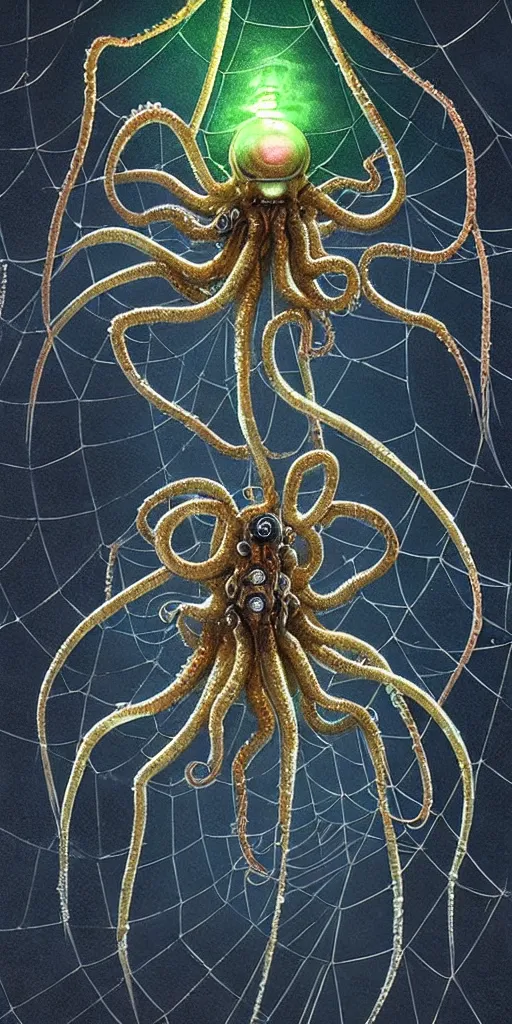 Prompt: concept art of an alien cybernetic spider octopus made of silica crystal and full of glowing translucent cables, on a dark rock background, surrounded by spirals of fog, grimy, gritty, trending on artstation, award winning painting, close portrait, cgi, art by h. p. lovecraft and ramsey campbell