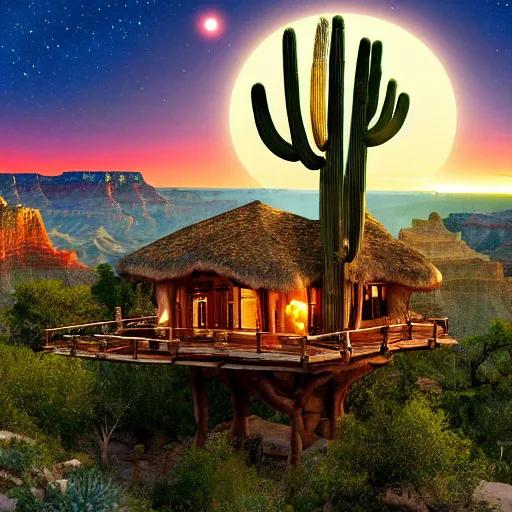 Prompt: fancy treehouse mansion built in a giant cactus on top of plateau with amazing view of sunrise over the grand canyon detailed luminescent oil painting 4 k