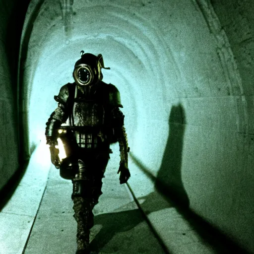 Image similar to a heavily armored man wearing a gasmask, walking through dark tunnel, holding glowing lantern, film still, arriflex 3 5