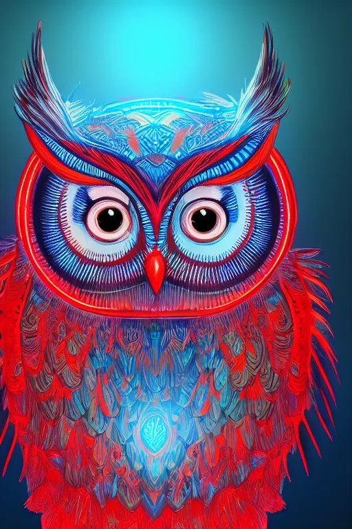 Prompt: glowing owl, blue and red colours, highly detailed, digital art, sharp focus, trending on art station