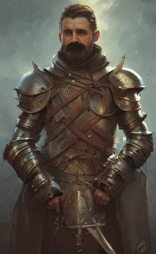 Prompt: Portrait of a middle aged Knight with a moustache, male, detailed face, fantasy, highly detailed, cinematic lighting, digital art painting by greg rutkowski