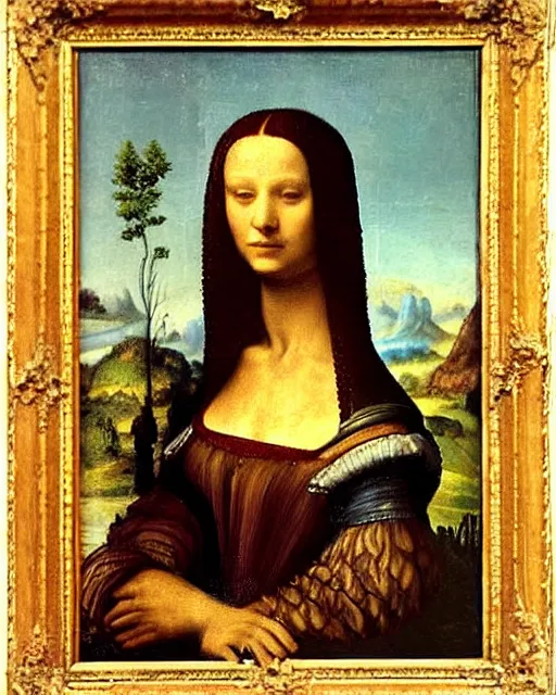 Image similar to a oil painting of lady with an groot, by leonardo da vinci.