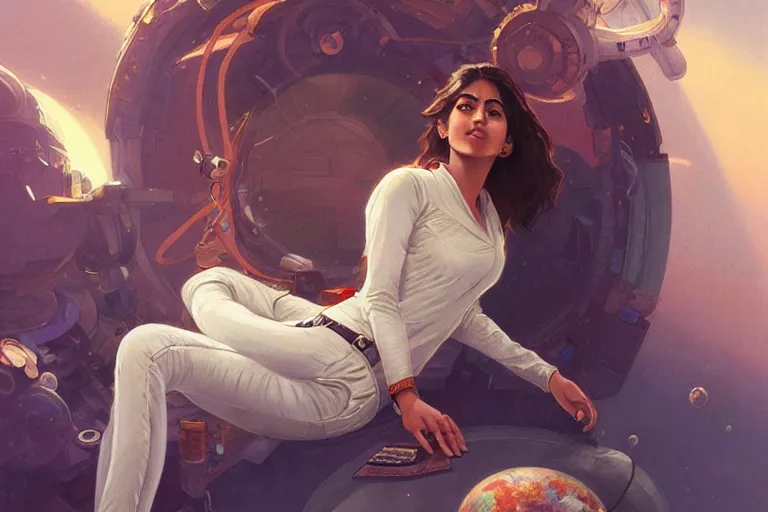 Image similar to Sensual good looking pale young Indian doctors wearing jeans in a space station above Earth, portrait, elegant, intricate, digital painting, artstation, concept art, smooth, sharp focus, illustration, art by artgerm and greg rutkowski and alphonse mucha