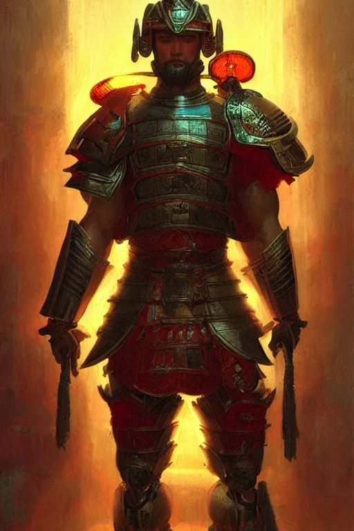 Image similar to attractive beefy male with armor, tang dynasty, character design, colorful, neon lights, cyberpunk, painting by gaston bussiere, craig mullins, j. c. leyendecker, tom of finland