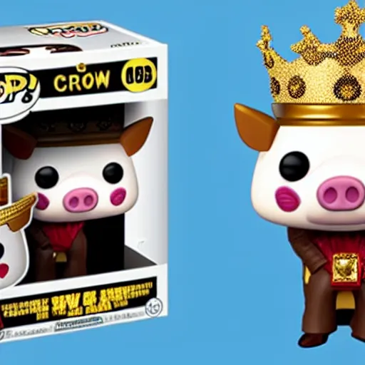 Image similar to A funko pop of a bag of a pig in a gold crown