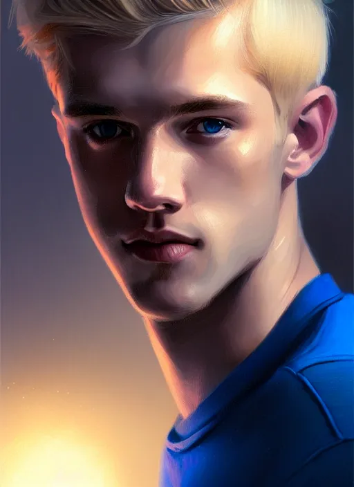 Prompt: portrait of young kevin keller with blonde hair, blonde hair, blue eyes, defined jawline, intricate, elegant, glowing lights, highly detailed, digital painting, artstation, concept art, smooth, sharp focus, illustration, art by wlop, mars ravelo and greg rutkowski