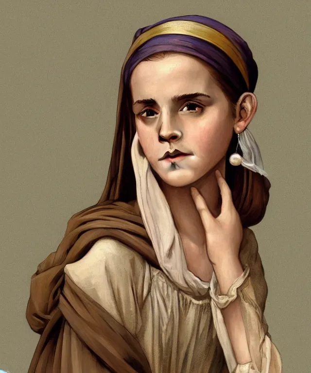 Image similar to Emma Watson as the girl with the pearl earring, highly detailed, digital painting, artstation, concept art, smooth, sharp focus, illustration, ArtStation, art by artgerm and greg rutkowski and alphonse mucha and J. C. Leyendecker and Edmund Blair Leighton and Katsuhiro Otomo and Geof Darrow and Phil hale and Ashley wood and Ilya repin and Charlie Bowater