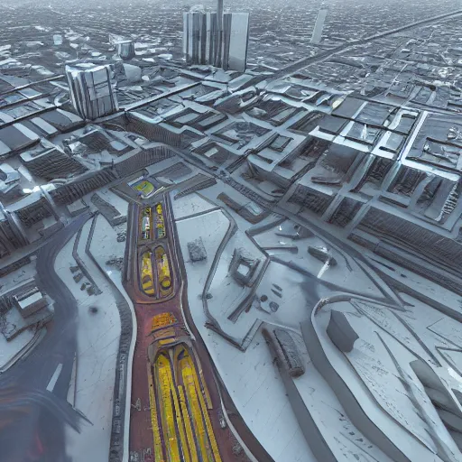 Prompt: norilsk orbit city cityscape, environmental concept art, rendered in unreal engine, cyberpunk