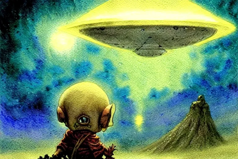 Image similar to a realistic and atmospheric watercolour fantasy character concept art portrait of a short fat chibi starchild alien emerging from the mist on the moors of ireland at night. a small ufo is in the sky. by rebecca guay, michael kaluta, charles vess and jean moebius giraud