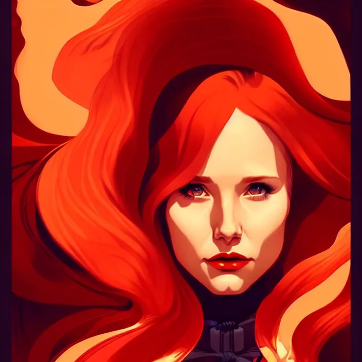 Image similar to style artgerm, joshua middleton, beautiful kristen bell with dark red dress, very long orange hair, symmetrical face, symmetrical eyes, fire powers fire swirling, detailed, volcano setting, cinematic lighting