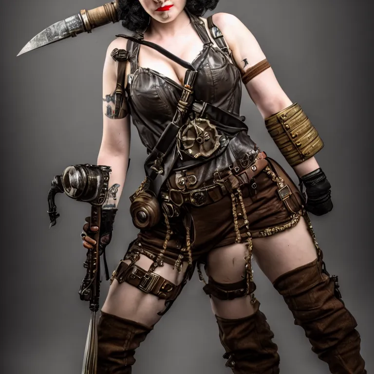 Image similar to full length photo of a very beautiful female dieselpunk warrior, 8 k, hdr, smooth, sharp focus, high resolution, award - winning photo