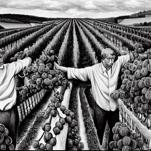Image similar to Hyperrealism traditional austrian vineyard with workers, painting by MC Escher